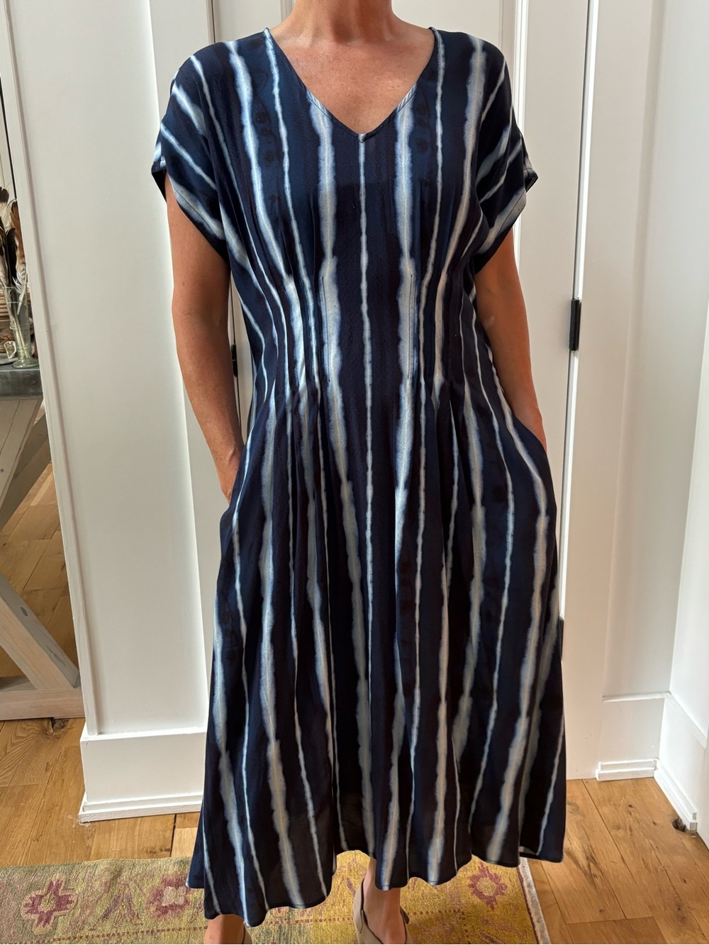 Margaret O'Leary Navy and White Striped V-Neck Dress